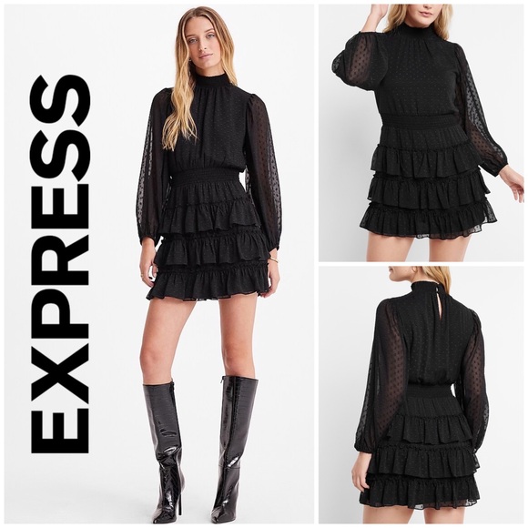🖤 Express, Black Metallic Clip Dot Mock Neck Long Sleeve Ruffled Tiered Dress - Picture 1 of 16